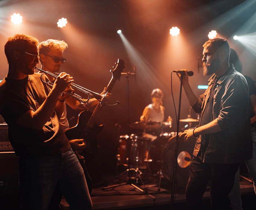 Band performing energetically on stage with lights.