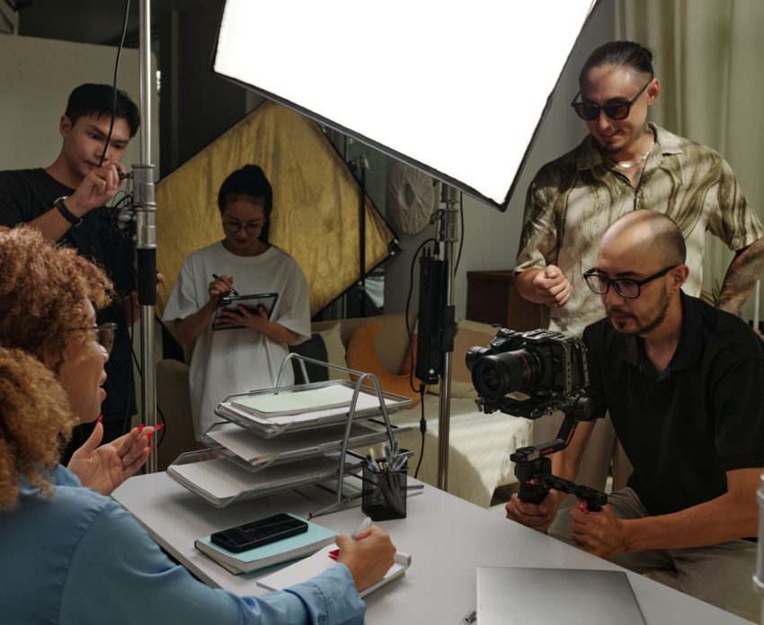 Film crew setting up a video shoot.